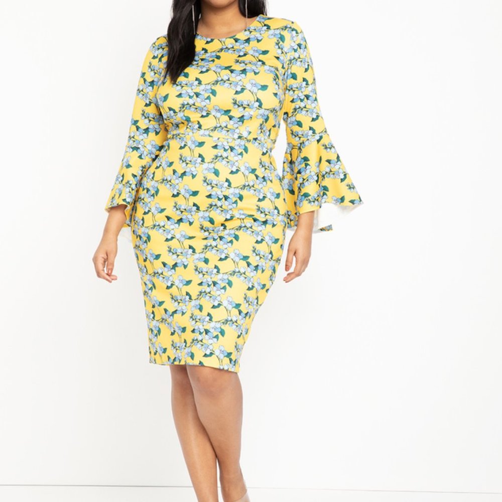 FLARE SLEEVE SCUBA DRESS YELLOW WITH BLUE
